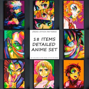 Può includere: Una collezione digitale di 18 schemi a punto croce con colorati ritratti di personaggi anime in stile pop-art. Il quadrato bianco centrale mostra il testo CROSS-STITCH PATTERNS 18 ITEMS DETAILED ANIME SET SET INCLUDES 18 PDF CROSS-STITCH PATTERNS.