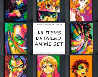 Anime Cross Stitch Pattern: Set of 17 Anime Characters (PDF Download)