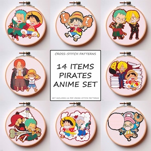 May include: A collection of eight circular embroidery hoops featuring colourful cross-stitch patterns of anime characters. The central white square contains the black text: CROSS-STITCH PATTERNS 14 ITEMS PIRATES ANIME SET. SET INCLUDES 14 PDF CROSS-STITCH PATTERNS.