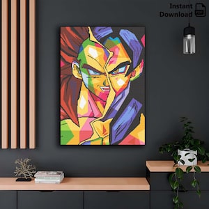 Può includere: Una stampa d'arte digitale da parete che presenta l'illustrazione di un personaggio con il volto diviso in un vivace stile pop art geometrico. L'immagine utilizza una tavolozza audace di rosso, giallo, verde, blu e viola, con una linea verticale.