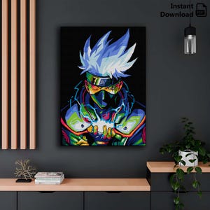 May include: A digital art print of a character from the anime Naruto. The character is wearing a blue and green outfit with a black mask and is surrounded by a blue and white energy field.