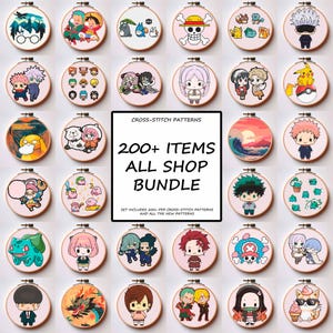 May include: A collection of circular wooden embroidery hoops featuring various anime and pop culture cross-stitch designs. A central white sign displays the text: CROSS-STITCH PATTERNS 200+ ITEMS ALL SHOP BUNDLE. SET INCLUDES 200+ PDF CROSS-STITCH PATTERNS.