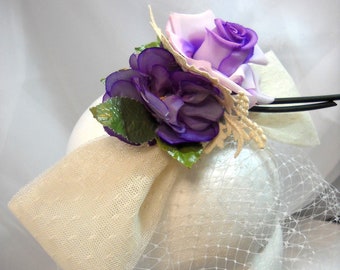 Original Purple and Ivory Tulle Wedding Bow Headpiece Veil with Vintage Rose and Violets, Lace for Bride or Bridesmaid