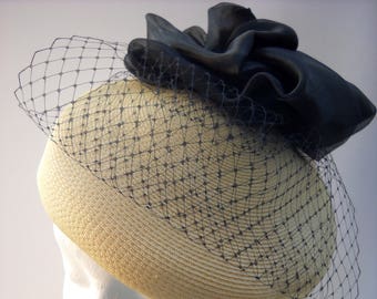 Vintage Natural Pillbox Hat Headpiece Fascinator with Black Organza Rose for Wedding,Bridal Party, Bridesmaid, Garden Party, Horserace