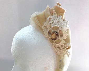 Gold Rose Fascinator Headband, Vintage Lace Cameo Wedding Headpiece