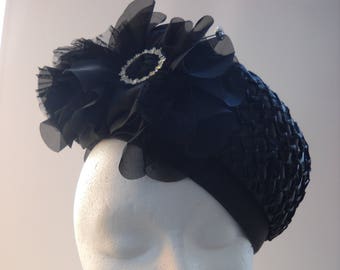 Black Vintage Pillbox Hat Headpiece with Chiffon Bow, Rhinestone Eternity Pin for Wedding,Bridal Party,Tea Party