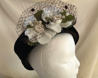 Deep Chocolate Brown Wool Cloche Hat with Ivory Flowers, Pearls and Netting for Winter Wedding, Party, Special Occasion