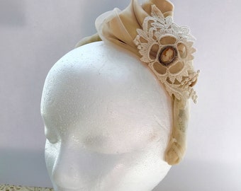 Satin Gold Rose Fascinator Headband Headpiece  Vintage Ivory Lace and Cameo for Wedding, Bride, Bridesmaid, Mother of the Bride, Tea Party