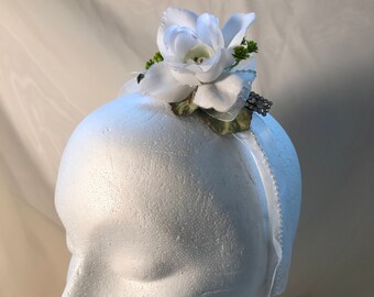 Vintage Fabric White Gardenia on Pearl Ribbon Headband Headpiece Fascinator for Flower Girl, First Communion, Wedding,