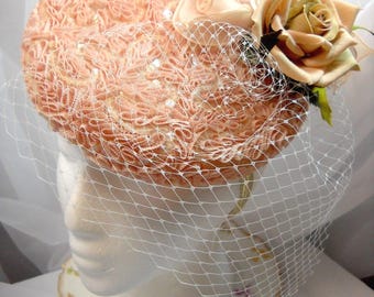 Pink Beaded Wedding Fascinator, Vintage Millinery Pillbox Hat, Princess Wedding Headpiece