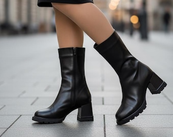 Botas de salto alto de couro envernizado preto: sapatos de inverno com pele de couro legítimo