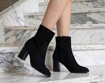 Stivaletti alla caviglia in pelle scamosciata nera, stivali da donna con tacco a blocco, stivali invernali in vera pelle