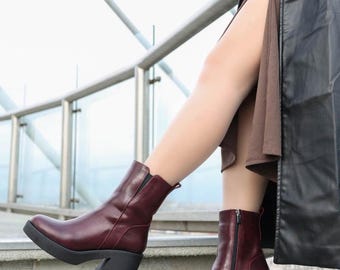 Genuine Leather Fur Lined Ankle Boots | Chunky Heel Side Zip Winter Footwear
