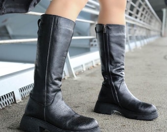 Botas de cano alto em couro com forro de pele | Sola grossa, botas de montaria para o inverno