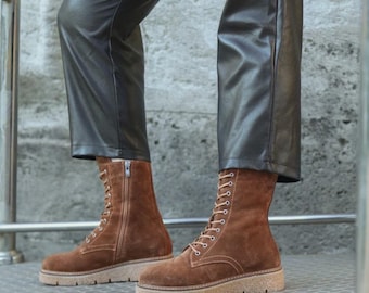 Botas de couro camurça: botas de inverno quentes com cadarço e zíper