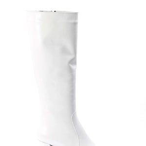 May include: White leather knee-high boots with a block heel.