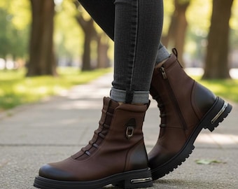 Botas de salto femininas de couro: sapatos de inverno pretos e bordô