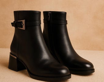 Black Leather Ankle Boots , Warm Lined Winter Booties with Block Heel