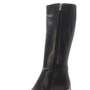 May include: Black leather knee-high boot with a square toe and a block heel. The boot features a side zip and a strap detail around the ankle. The heel is approximately 7.6 cm high.