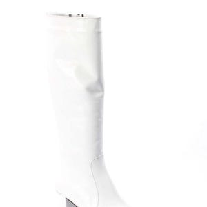 May include: White leather knee-high boots with a block heel.