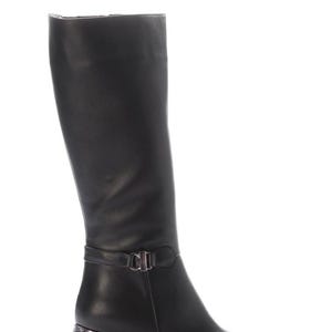 May include: Black knee-high boot with a square toe and a block heel. The boot features a strap with a silver-tone buckle detail around the ankle. The heel is approximately 7.6 cm high. The boot is made of a smooth, solid black material.