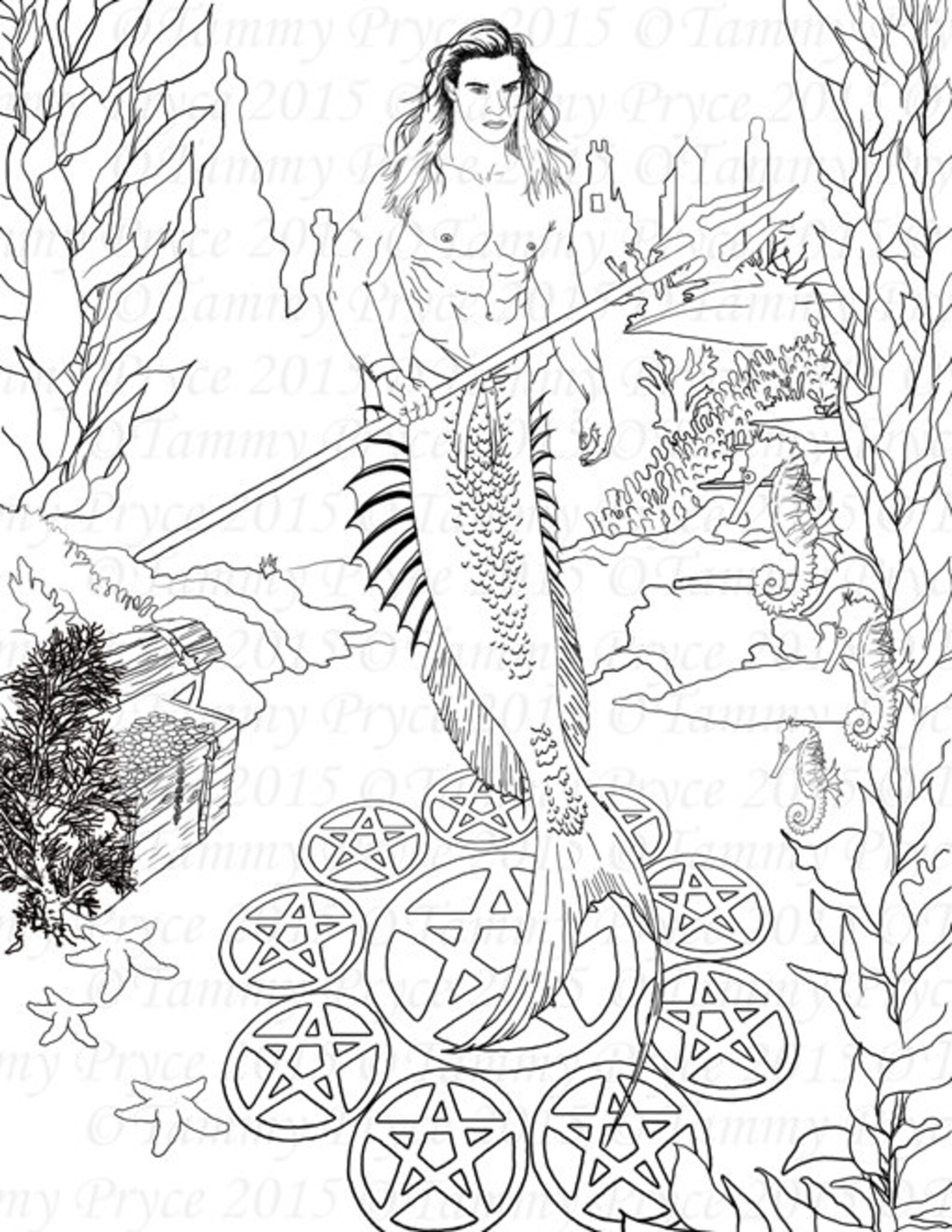 Fantasy Merman Adult Coloring Page Digi Stamp Instant Download | Etsy