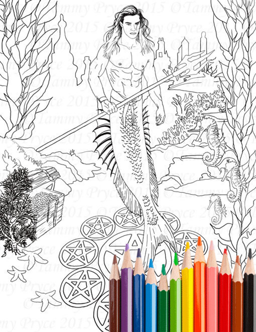 Fantasy Merman Adult Coloring Page Digi Stamp Instant Download - Etsy