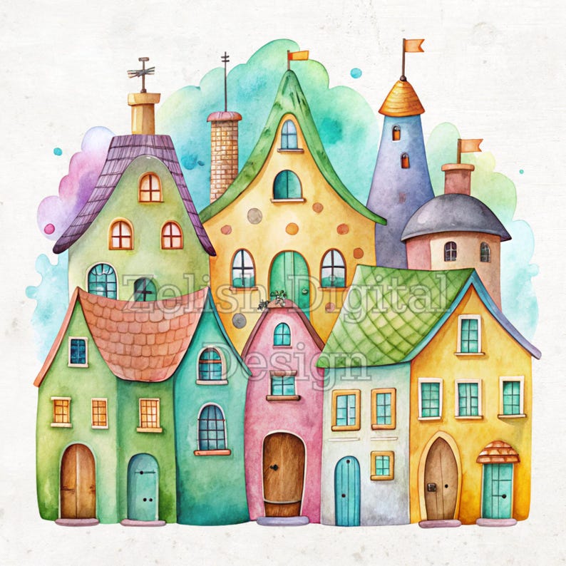 Watercolor Quirky Houses Clipart Bundle: 18 Colorful PNG Illustrations ...