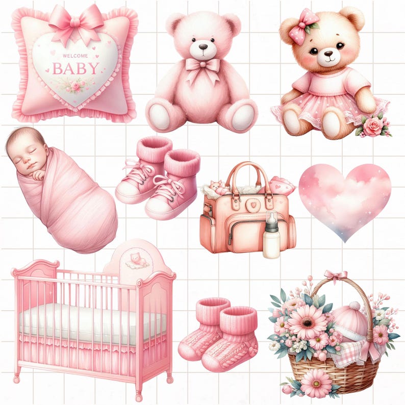 Watercolor Baby Shower Clipart: Pink Girl Theme (PNG Digital Download ...