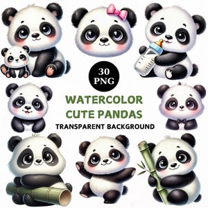 Clipart de pandas fofos em aquarela, clipart de bebê panda, berçário, pacote de chá de bebê, arte de parede de berçário, artesanato em papel, berçário de pandas, criação de cartões