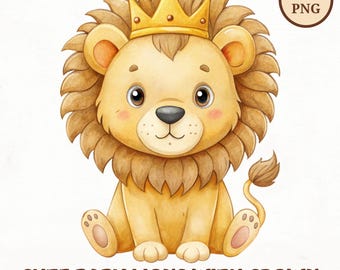 Watercolor Baby Lion Clipart, Crown, Safari Animals (Digital Download)