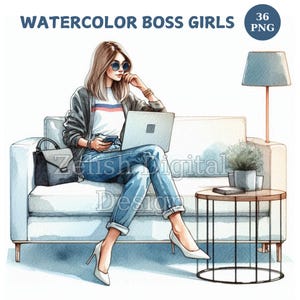 Paquete de imágenes prediseñadas de chica jefa, 30 imágenes en acuarela, chica de moda, diario basura de manualidades de papel, imágenes imprimibles, chica jefa, mujer con computadora portátil