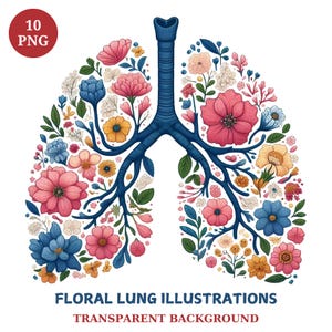 Puede incluir: Ilustración floral de un par de pulmones con ramas azules y flores de colores. La imagen tiene un fondo transparente.