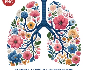 Könnte beinhalten: Blumenillustration eines Lungenpaares mit blauen Ästen und bunten Blumen. Das Bild hat einen transparenten Hintergrund.