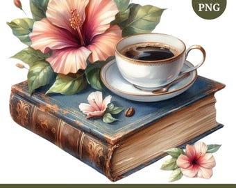 Watercolor Coffee and Book Clipart Bundle: Vintage Floral PNGs (Digital Download)