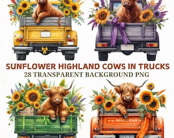 Watercolor Sunflower Highland Cow Truck Clipart (PNG)