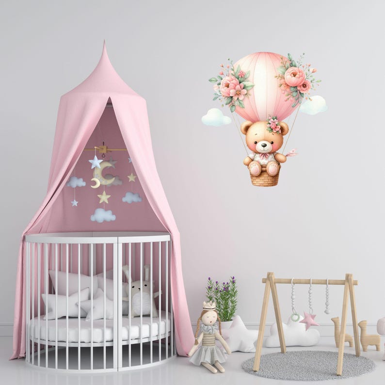 Watercolor Pink Teddy Bear Clipart: Baby Shower Hot Air Balloons (PNG ...