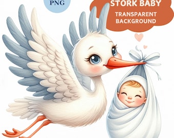 Watercolor Stork Baby Clipart Bundle: Nursery Art (Digital Download)