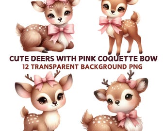 Aquarell Hirsch Clipart Bundle: Rosa Schleifen, Kinderzimmer Dekor, digitaler Download, 12 PNG Dateien