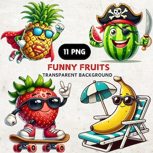 Funny Fruit Clipart Bundle: 11 PNG Summer Graphics (Digital Download)