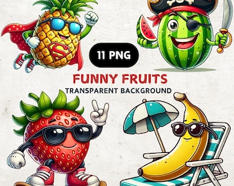 Funny Fruit Clipart Bundle: 11 PNG Summer Graphics (Digital Download)