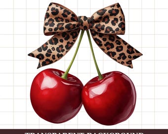 3 Cherry Clipart with Leopard Bow PNG Bundle, Y2K Retro Girly Design, Digital Download