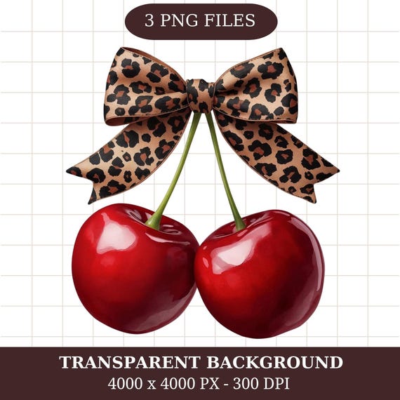 3 Cherry Clipart with Leopard Bow PNG Bundle, Y2K Retro Girly Design, Digital Download