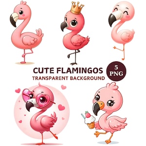 Cute Flamingo Cliparts, 5 Transparent png, Cartoon Flamingo, Digital Download, Pink Flamingo Clip Art, Printable Flamingo İllustration