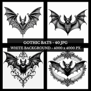 Paquete JPG de murciélagos góticos: 40 imágenes prediseñadas de Halloween en blanco y negro (descarga instantánea)