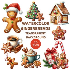 Watercolor Gingerbread Clipart Bundle: 20 Christmas Cookie PNGs, Digital Download
