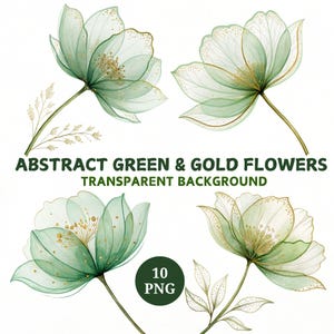 Watercolor Green & Gold Flowers Clipart: Abstract Floral PNG Bundle, Digital Download