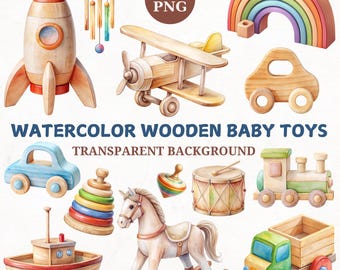Watercolor Wooden Baby Toys Clipart Bundle: 34 PNG Illustrations (Digital Download)