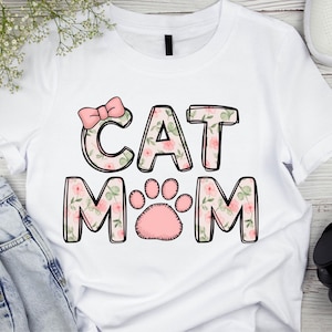 Floral Cat Mom PNG: Watercolor Bow Design, Transparent, Digital Download