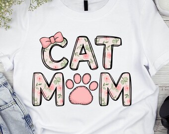 Floral Cat Mom PNG: Watercolor Bow Design, Transparent, Digital Download